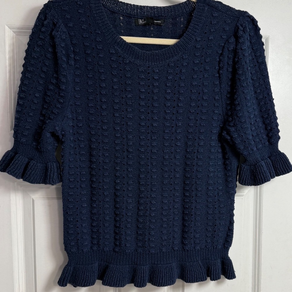 INC Blue Textured Knit Ruffle Short Sleeve Sweater Size L elastic‎ waist